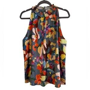 THML Watercolor Floral Halter Top High Neck Sleeveless Satin Feel Bohemian